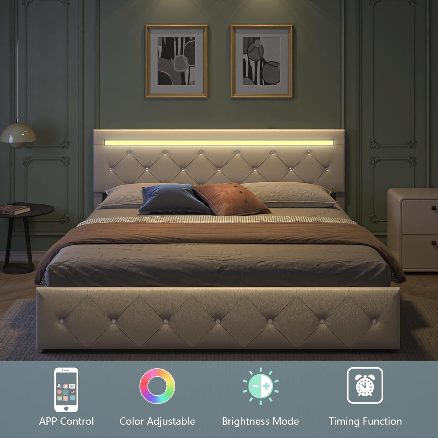 Bed Frame Queen Size with Storage Drawers and LED Light, 2 Sockets and 2 USB Ports, Adjustable Headboard with PU Leather Upholstered, No Box Spring Needed, Wooden Slats Support, White.