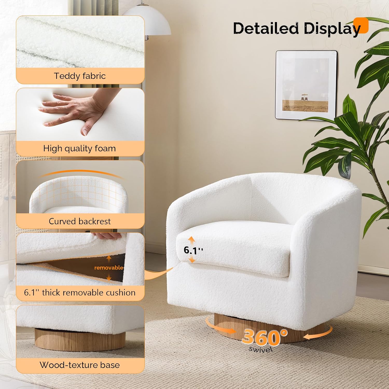 VINGLI 360°Swivel Accent Chair with Engineered Wood Base and Removable Cushion for Living Room, Bedroom, Curved Back Barrel Chair for Small Space, Upholstered Bucket Armchair, Teddy White