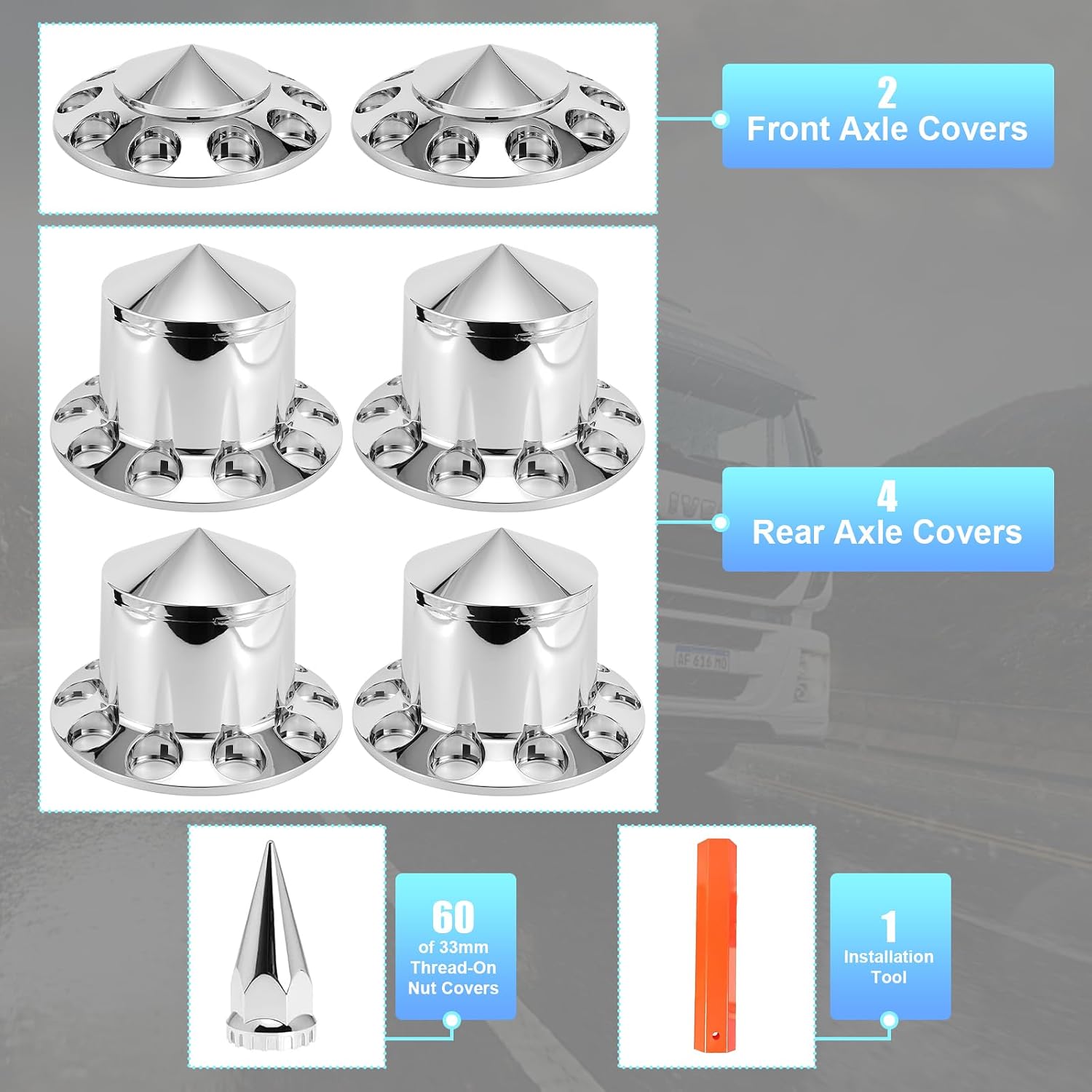 ABS Chrome Plastic Front Axle and Rear Cover Kits with 33mm Push-on Flange Nut Covers for Semi Trucks in Pairs, Spiked, 2+4 Set
