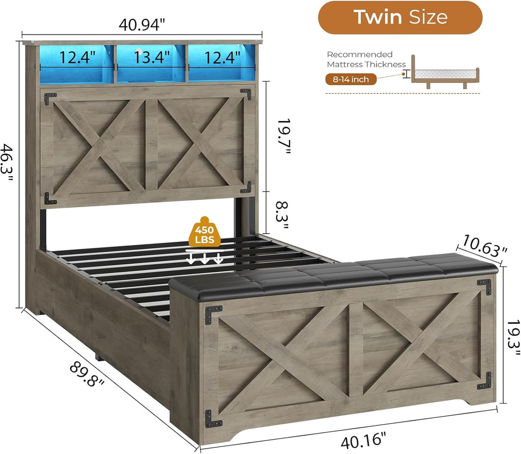 DICTAC Farmhouse Twin Bed Frame with Storage Headboard and Charging Station Wood Platform Bed Frame Twin Size with Storage Ottoman and Led Lights,Twin Size Bed for Kids,Metal Slats Support,Oak Gray