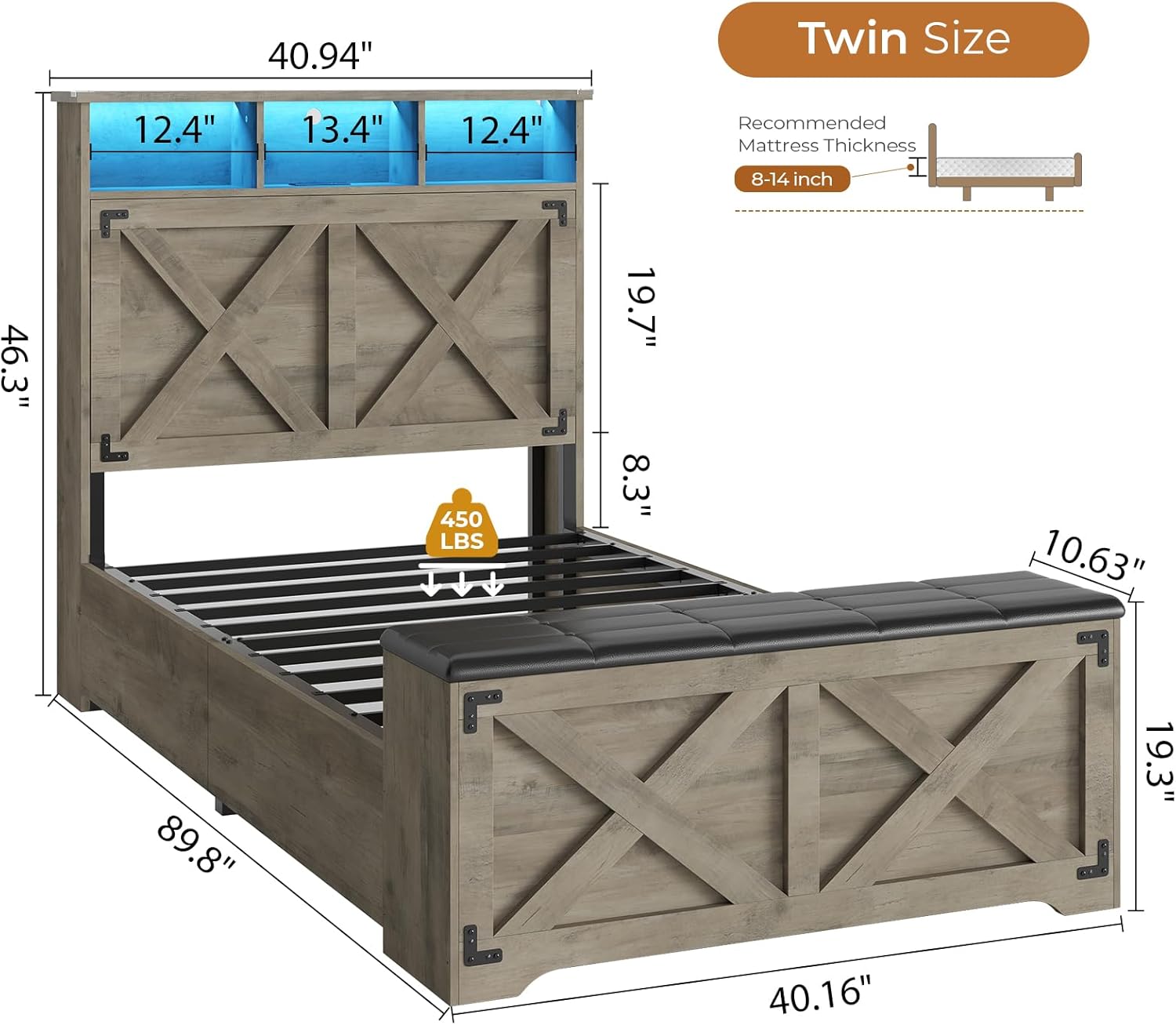 DICTAC Farmhouse Twin Bed Frame with Storage Headboard and Charging Station Wood Platform Bed Frame Twin Size with Storage Ottoman and Led Lights,Twin Size Bed for Kids,Metal Slats Support,Oak Gray