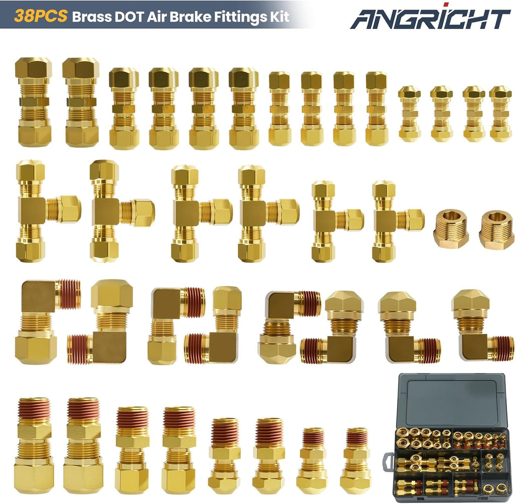 38PCS DOT Air Brake Line Fittings Kit – Brass Push to Connect & NPT Assortment, 1/4' 3/8' 1/2' 5/8' Quick Connect Air Hose Repair Kit for Semi Truck, Tractor, Trailer & Industrial Air Systems