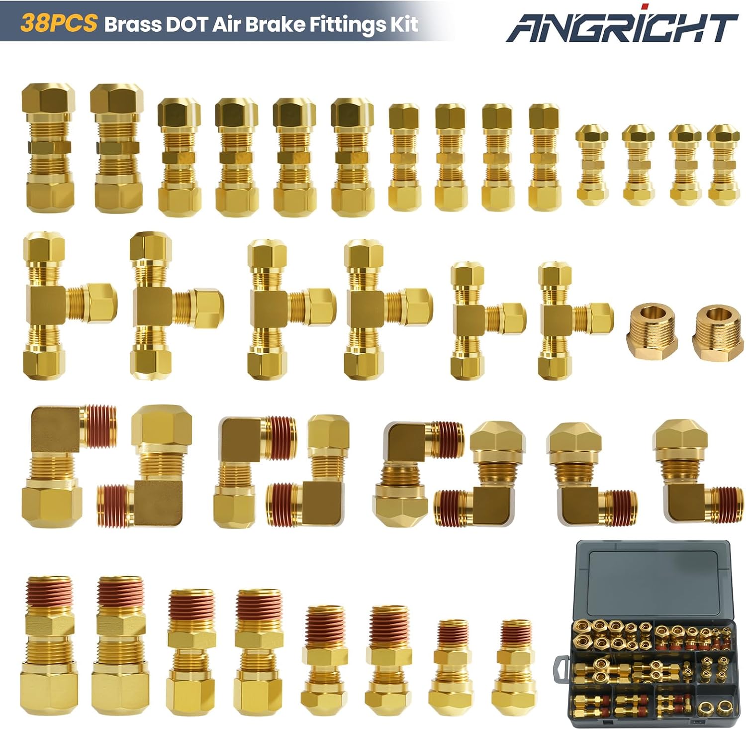 38PCS DOT Air Brake Line Fittings Kit – Brass Push to Connect & NPT Assortment, 1/4' 3/8' 1/2' 5/8' Quick Connect Air Hose Repair Kit for Semi Truck, Tractor, Trailer & Industrial Air Systems