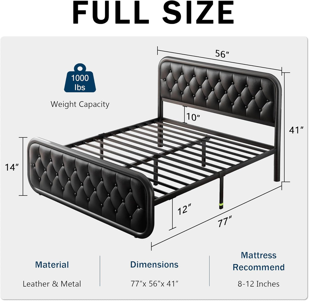 GalnFu Full Metal Bed Frame, Upholstered Bed with Leather Button-Tufted Headboard & Footboard, Heavy-Duty U-Shape Platform Bed, Easy Assembly, Black