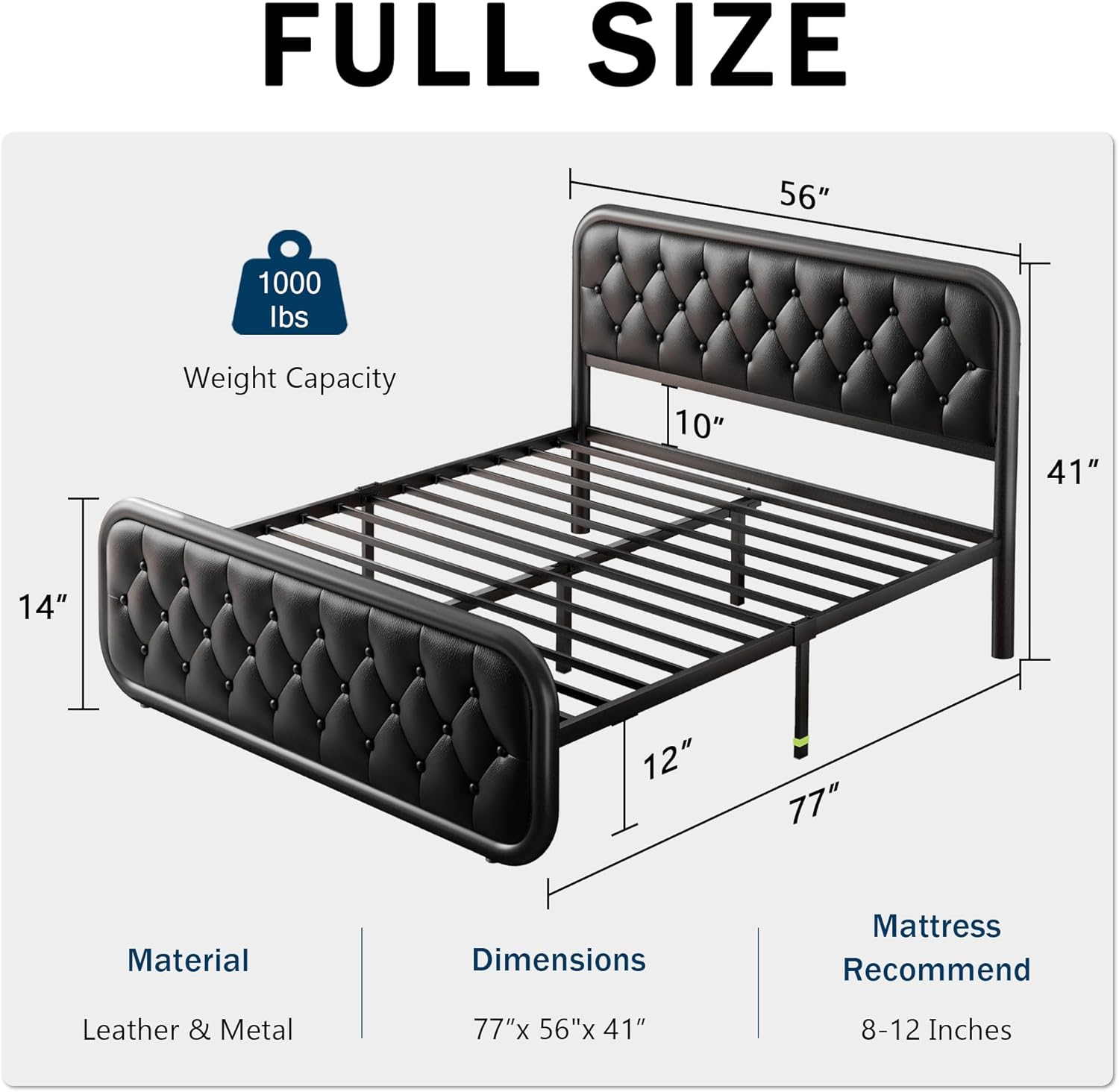 GalnFu Full Metal Bed Frame, Upholstered Bed with Leather Button-Tufted Headboard & Footboard, Heavy-Duty U-Shape Platform Bed, Easy Assembly, Black