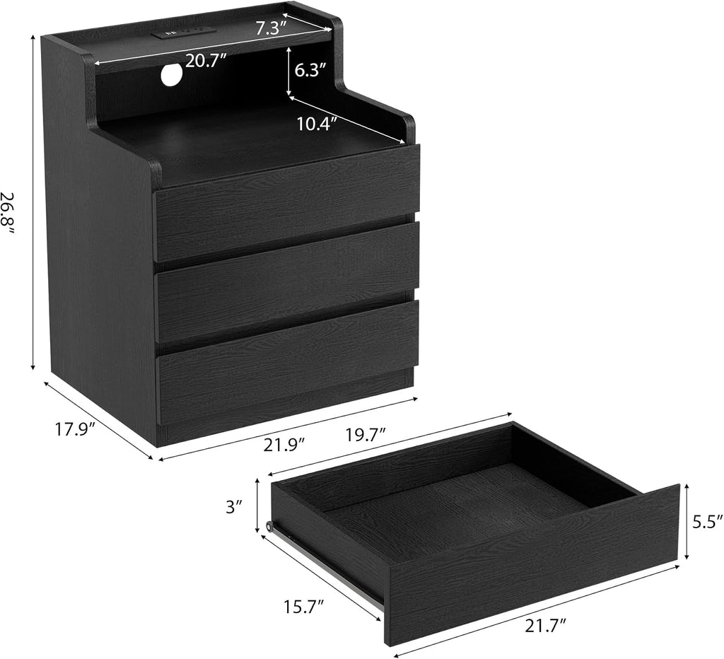 Rresyet Nightstand Set of 2, 26.8' Modern Black End Tables with Drawers & Built-in Charging Station for Bedroom, Upgraded Storage, Handle-Free Design