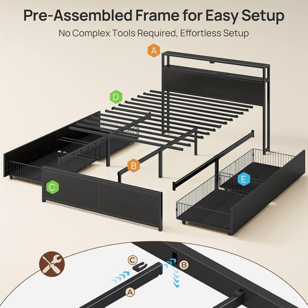 Rolanstar Full Size Bed Frame with 4 Storage Drawers, Charging Station and LED Lights, Metal Platform Bed with 2-Tier Storage Headboard, No Box Spring Needed, Easy Assembly, Noise-Free, Black