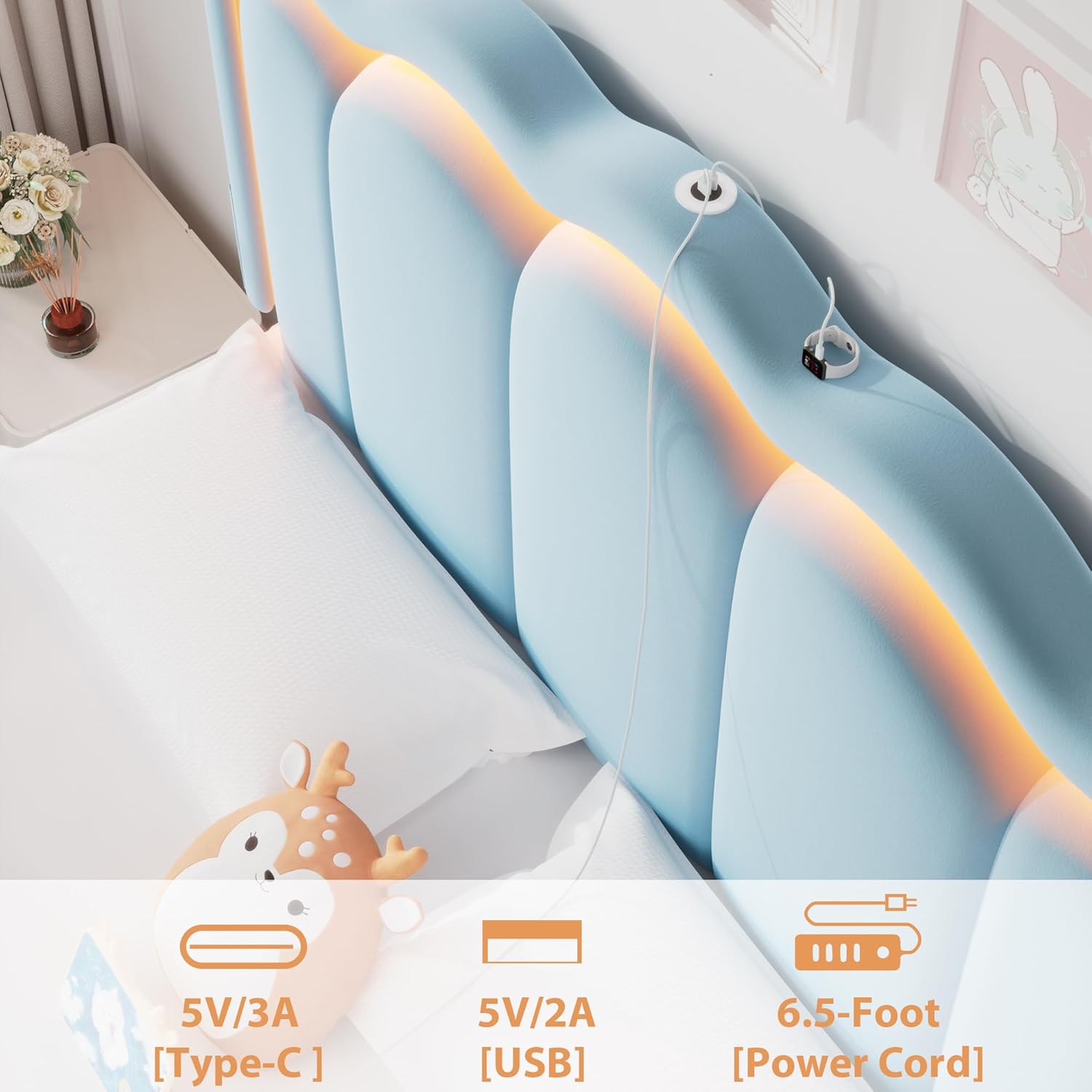 Full Upholstered LED Bed Frame with 2 Storage Drawers and Adjustable Chic Double Wavy Headboard, Velvet Princess Platform Bed with Charing Station, Solid Wood Slats Support,No Box Spring Needed,Blue