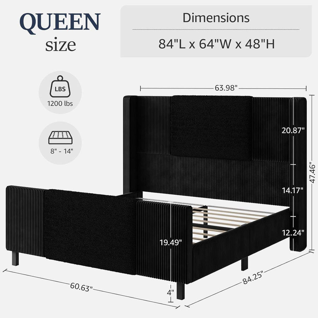 Lihimte Queen Size Bed Frame with Tall Headboard and Footboard, Boucle and Corduroy Upholstered Bed Frame Queen with LED Lights, Modern Platform Bed Frames, Noiseless, Easy Assembly, Black