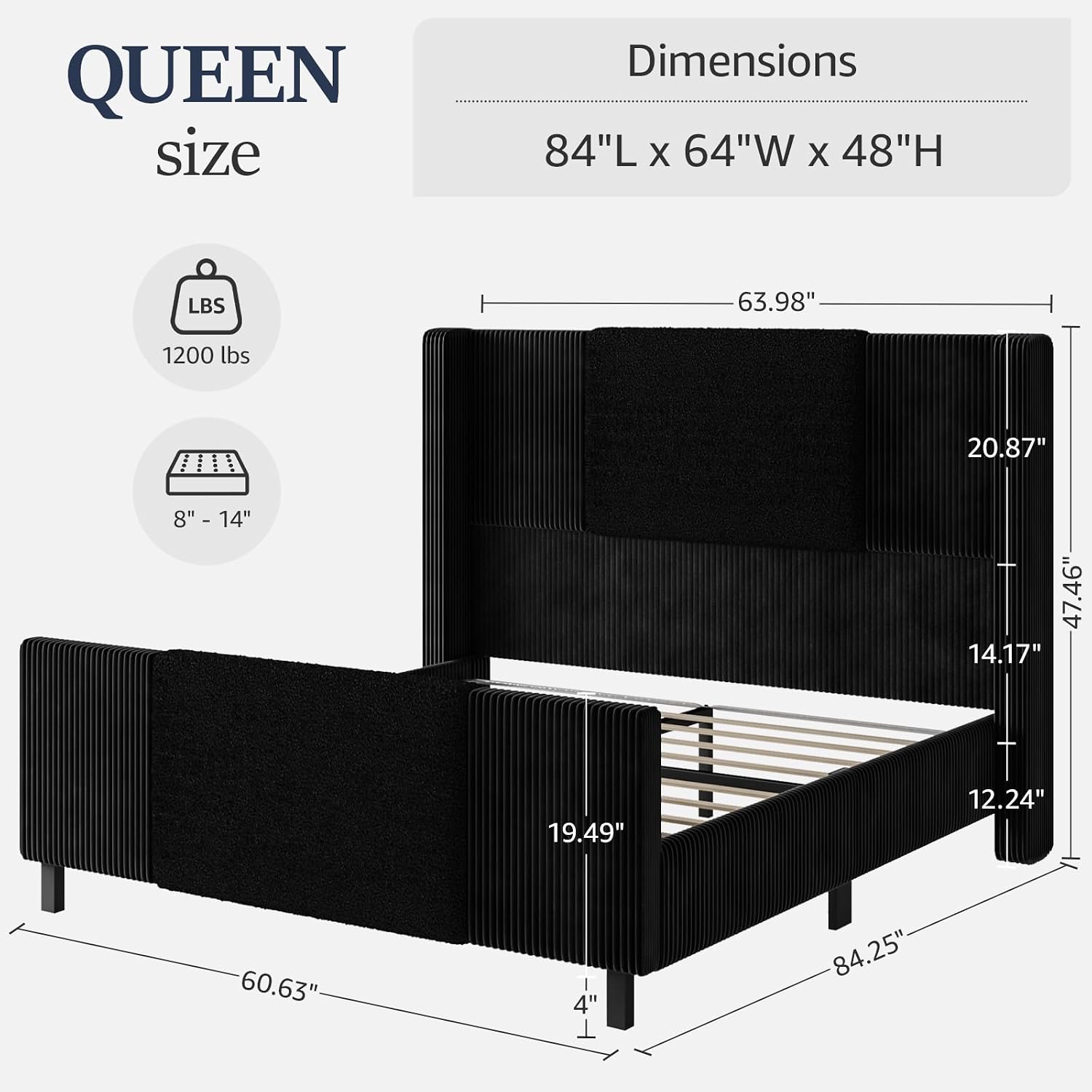 Lihimte Queen Size Bed Frame with Tall Headboard and Footboard, Boucle and Corduroy Upholstered Bed Frame Queen with LED Lights, Modern Platform Bed Frames, Noiseless, Easy Assembly, Black