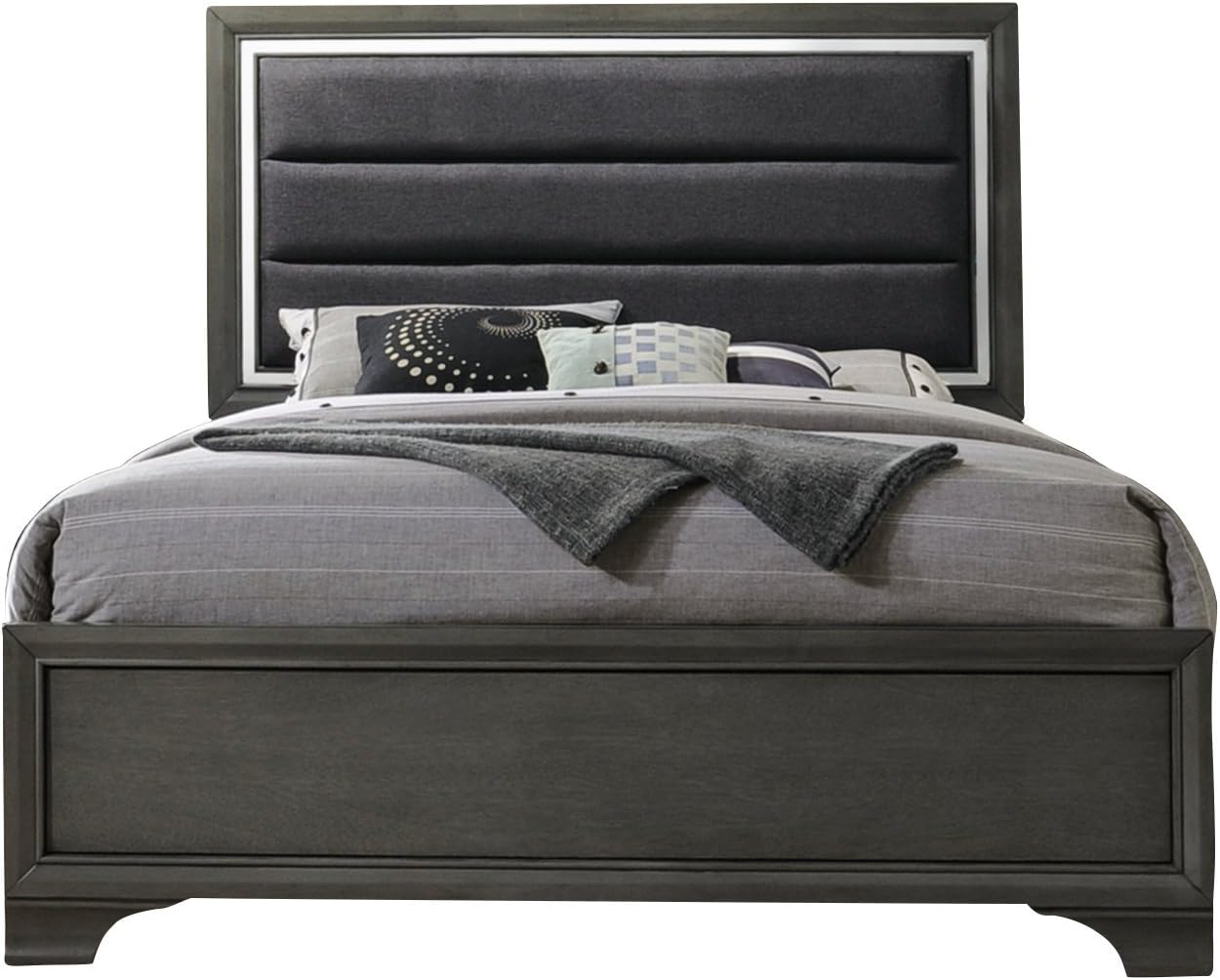 Kings Brand Furniture – 6-Piece Gray Wood with Faux Leather Headboard King Bedroom Set. Bed, Dresser, Mirror, Chest, 2 Night Stands