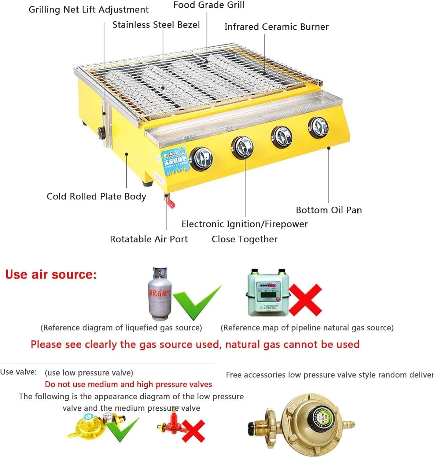 4-Burner Stainless Steel Tabletop Gas BBQ Grill with Grease Tray, Portable Cast Iron Griddle for Outdoor Cooking, Even Heat Distribution, Compact Design, 58x55x20cm, Yellow(Khaki,58x55x20cm)