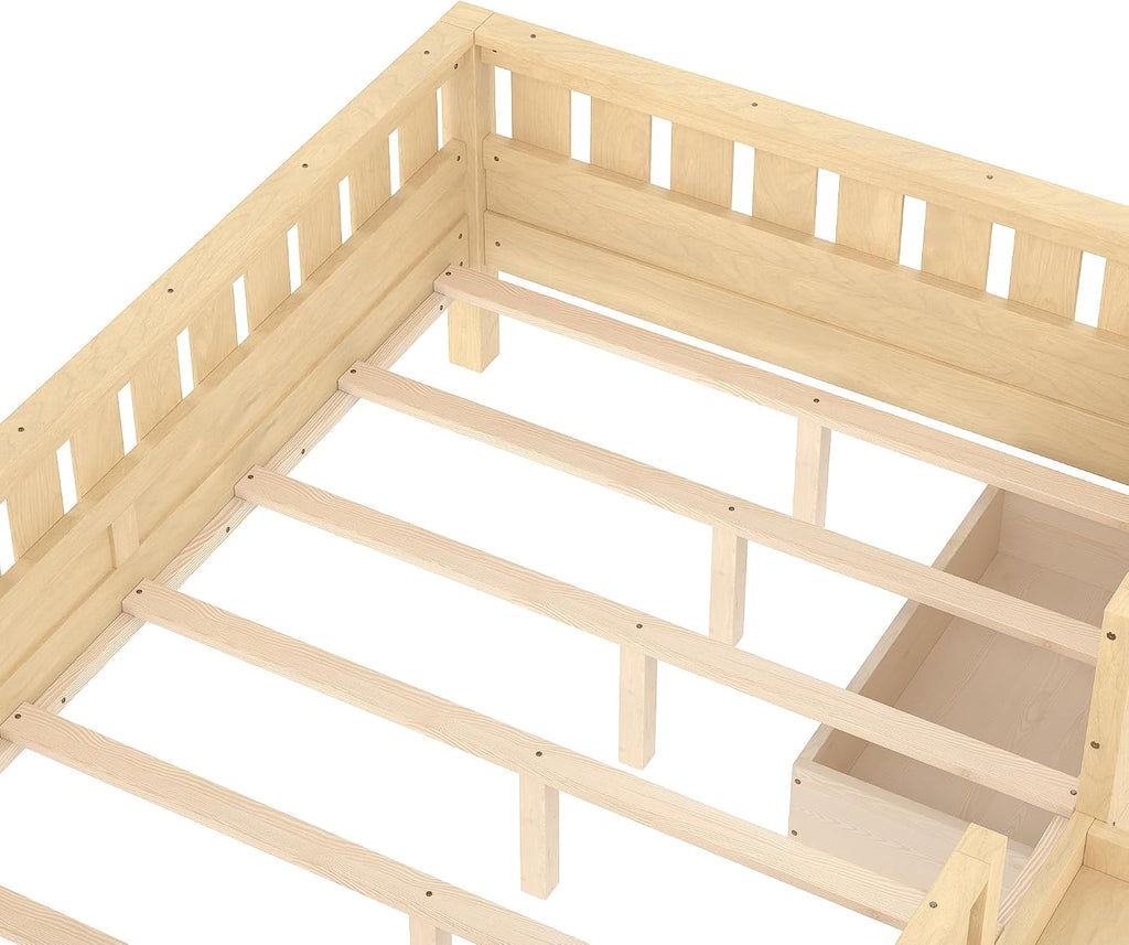 Bellemave Full Floor Bed with Stairs, Rails and Slats, Full Size Montessori Floor Bed with Bookshelf and 2 Storage Drawers, Easy Assemble Montessori Beds Frame for Girls, Boys, Light Natural