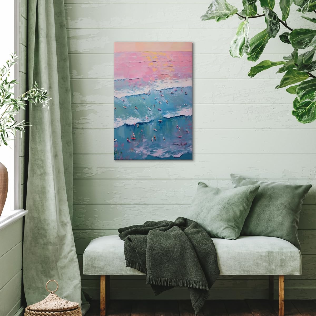 Vintage Surf Painting Tiny People Surfing Poster Abstract Ocean Wave Wall Art Pink and Blue Coastal Canvas Print Trendy Preppy Aesthetic Room Cubicle Beach House Home Decor 24x36inch frame
