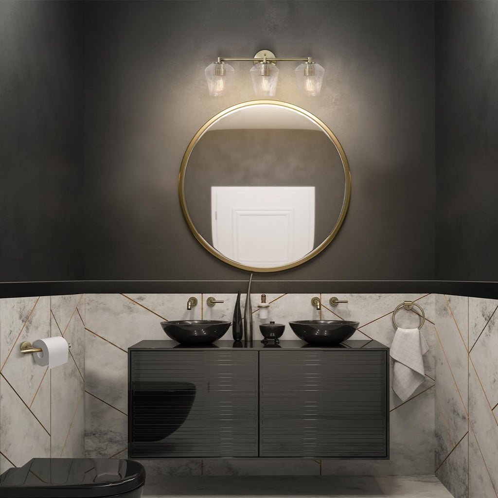 GLOBE Electric 63000063 5-Piece All-in-One Bathroom Set, Matte Brass Finish, 3-Light Vanity Light, Glass Shades, Towel Bar, Toilet Paper Holder, Towel Ring, Robe Hook, Bathroom Lights Over Mirror