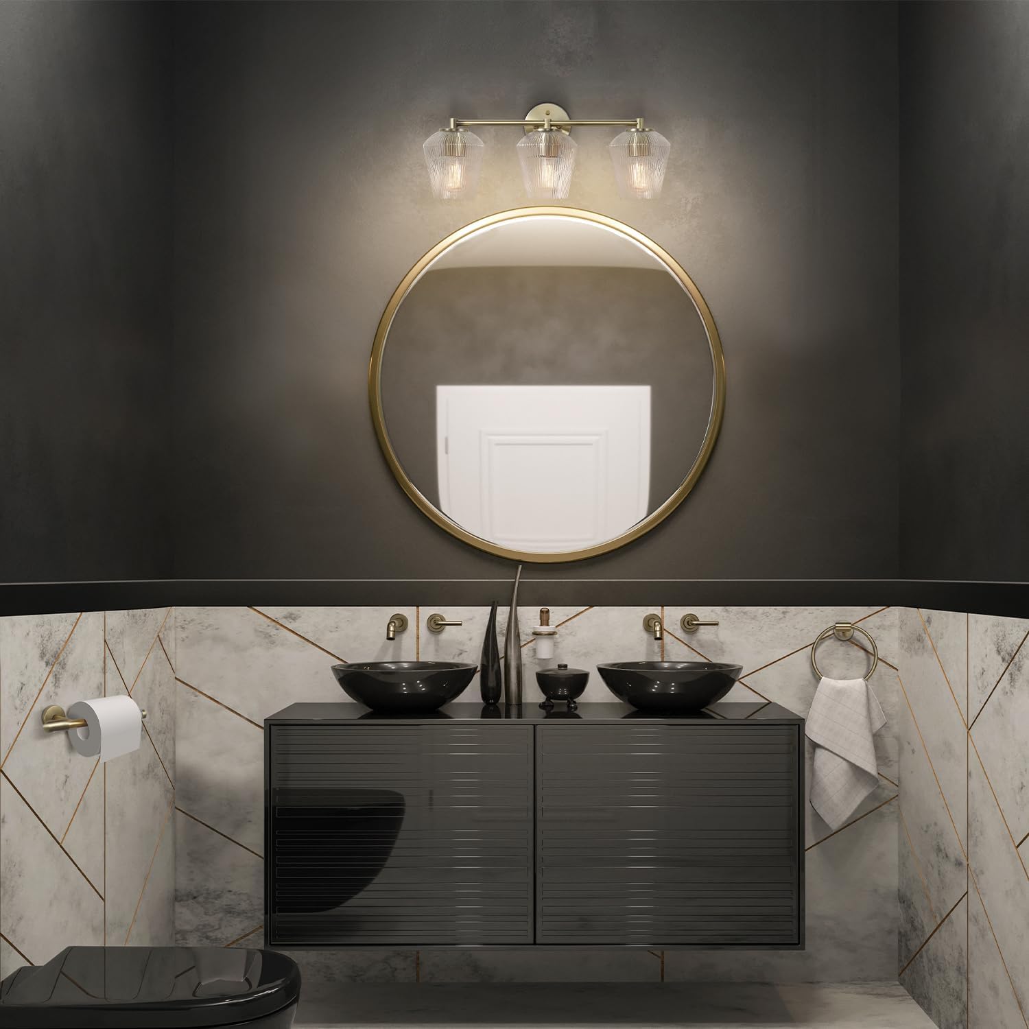 GLOBE Electric 63000063 5-Piece All-in-One Bathroom Set, Matte Brass Finish, 3-Light Vanity Light, Glass Shades, Towel Bar, Toilet Paper Holder, Towel Ring, Robe Hook, Bathroom Lights Over Mirror