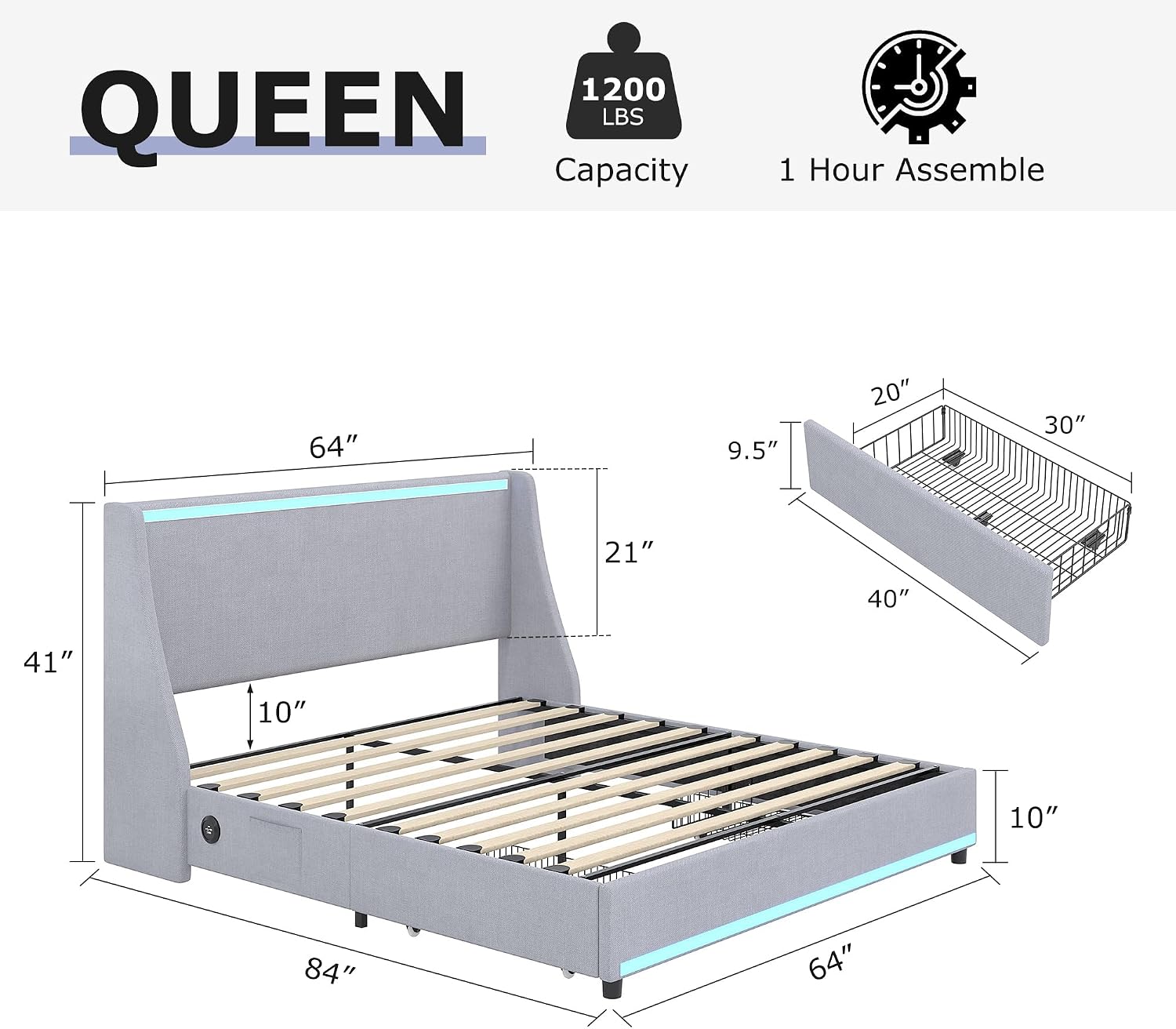 VECELO Queen Size Bed Frame with Storage Drawers, Upholstered Platform Bedframe with Wingback Headboard, No Box Spring Needed, Classic Grey