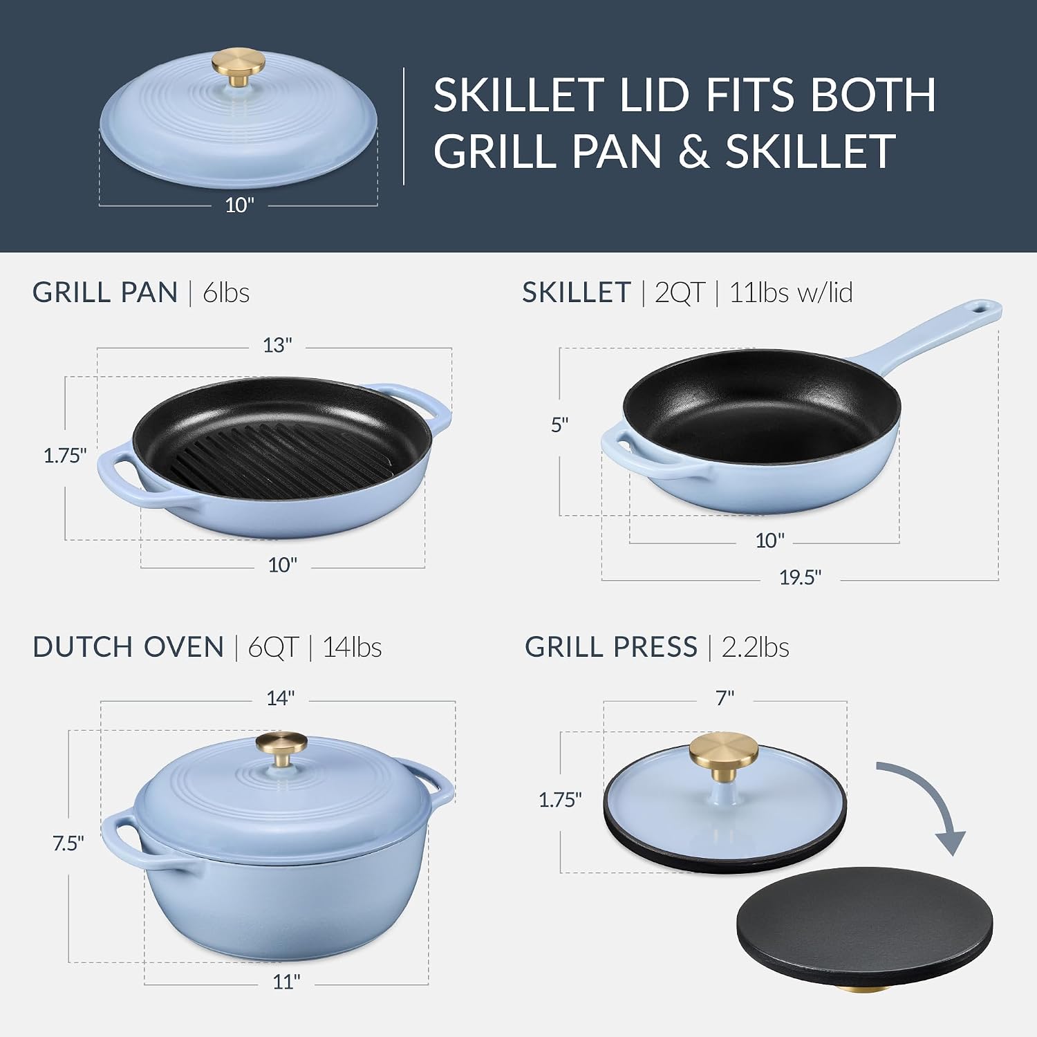 Best Choice Products Non-Stick Pot & Pan Cookware Set, Cast Iron, 2Qt Skillet W/Lid, 10' Grill Or Griddle Pan W/Press, 6Qt Enameled Dutch Oven, Non-toxic, For Cooking & Grilling - Cornflower