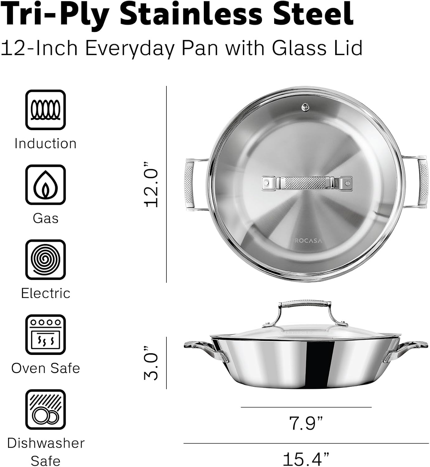4 Quart Stainless Steel Pan with Lid - Tri Ply Braiser Pan/Frying Pan/Dutch Oven with Heat Resistant Handles - Coating-Free, Non Toxic Cookware - Induction Compatible, Oven & Dishwasher Safe