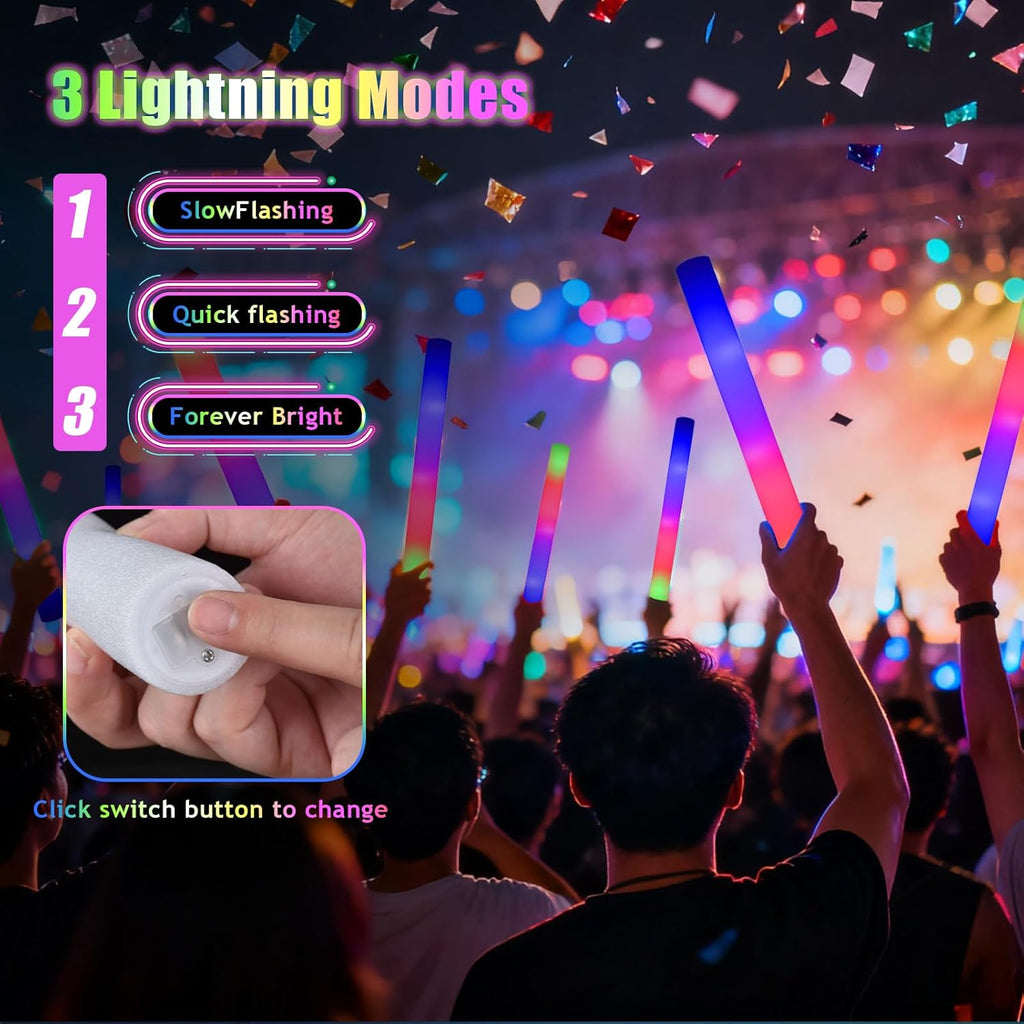 202PCS Glow Foam Sticks Bulk,LED Foam Sticks 3 Modes Flashing Glow in the Dark Light up Party Favors Supplies for Birthday, Wedding, Raves, Co