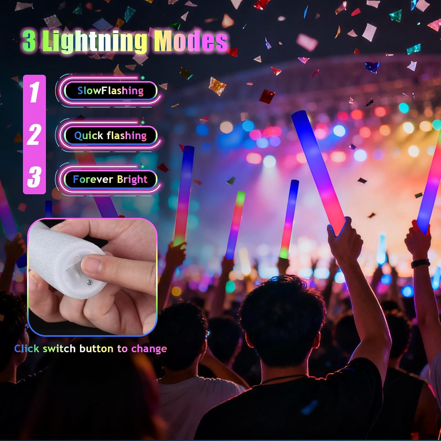 202PCS Glow Foam Sticks Bulk,LED Foam Sticks 3 Modes Flashing Glow in the Dark Light up Party Favors Supplies for Birthday, Wedding, Raves, Co