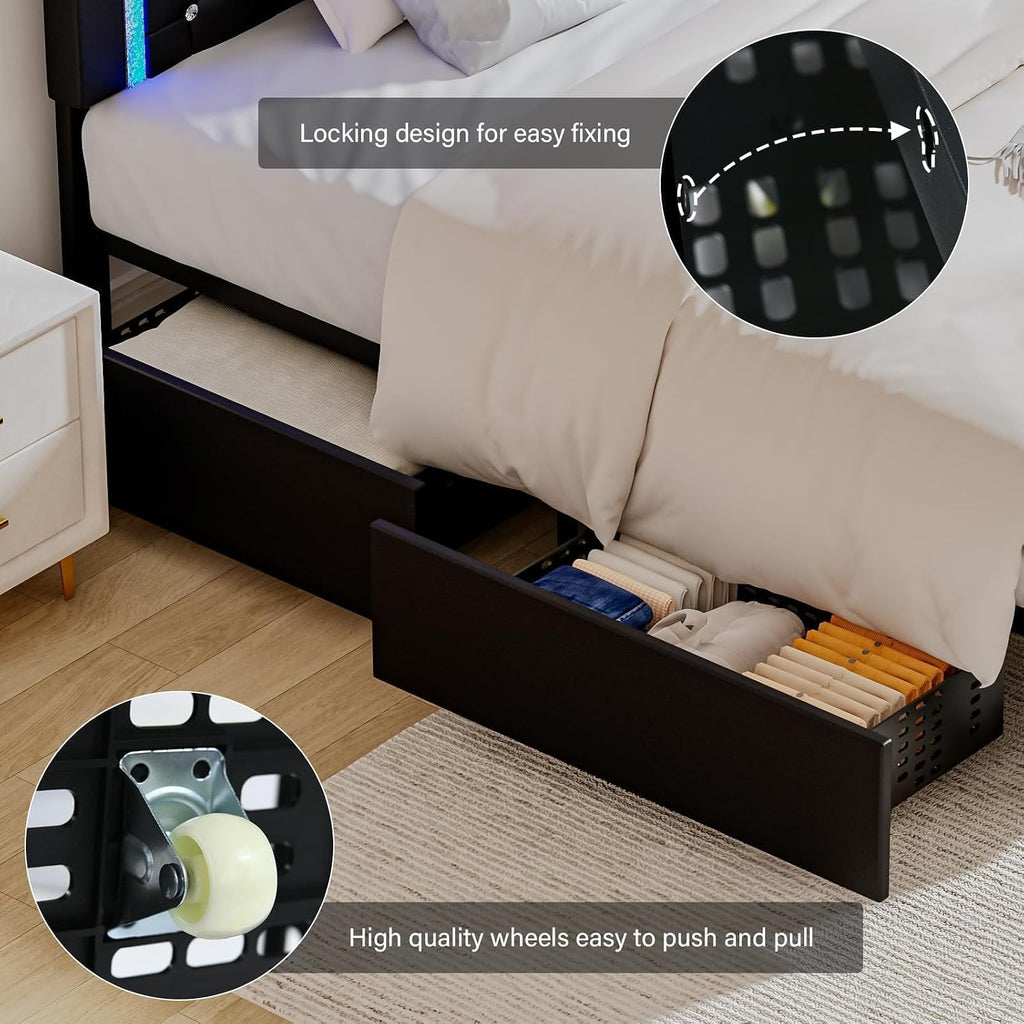 BarnFurin King Size Bed Frame with LED Lights and Storage Drawers, Upholstered Platform Bed with Crystal Tufted Headboard, Wooden Slats Support, No Box Spring Needed, Easy Assembly, Black