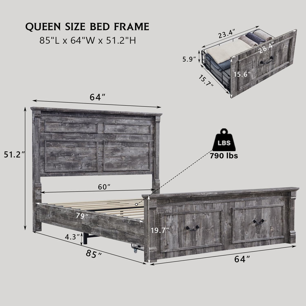 Aitjunz Farmhouse Queen Size Bed Frame with 51' Tall Headboard, Wood Platform Bed Frame with 20' Tall Roman Column Decoration Footboard & 2 Large Storage Drawers, No Box Spring Needed (Light Grey)
