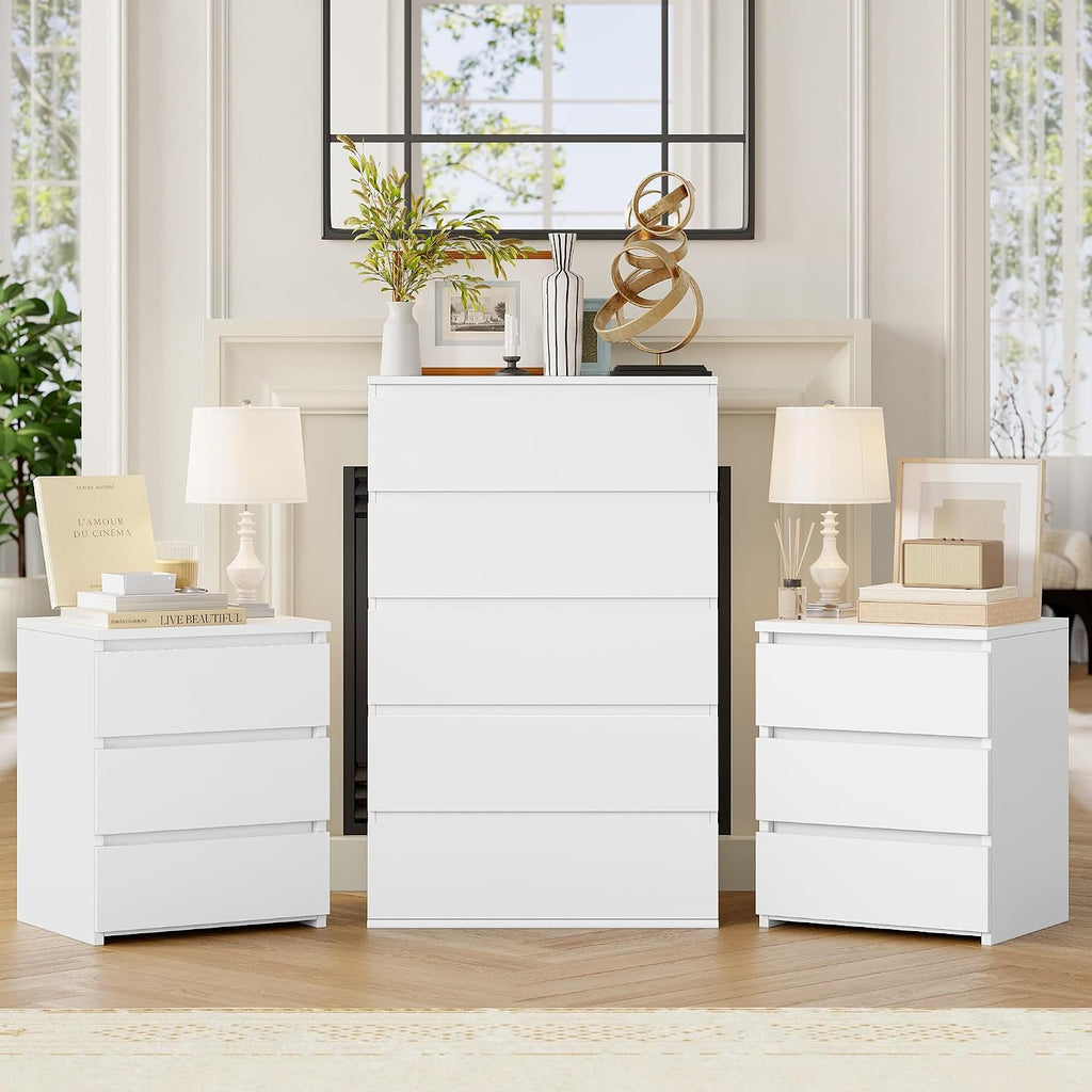 FOTOSOK Bedroom Set, 5 Drawer Dresser and Nightstand Sets for Bedroom, 3 Piece Bedroom Set, Night Stand Set of 2 & White Dresser Set, Chest of Drawers Storage Cabinet Set, White