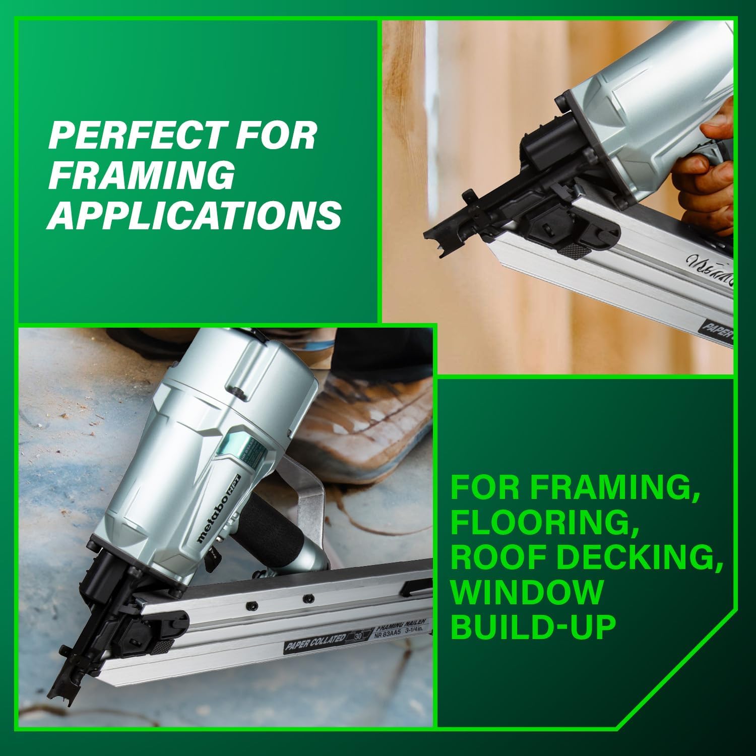 Metabo HPT Framing Nailer, Pro-Preferred Pneumatic Power Nailers in Framing Tools, Rapid Response Power Tool for Floor, Wall, & Roof Decking, Lightweight, 30° 3-1/4' Paper Collated Nails, NR83AA5