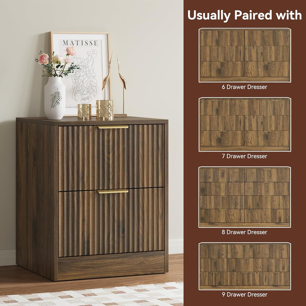 6 Drawer Dresser & Nightstand Set 3-Piece, 55' Wide Fluted Dresser and Night Stand Set of 2 with Metal Handle, Modern Wood Chest of Drawers Storage Dressers Set for Bedroom, Walnut
