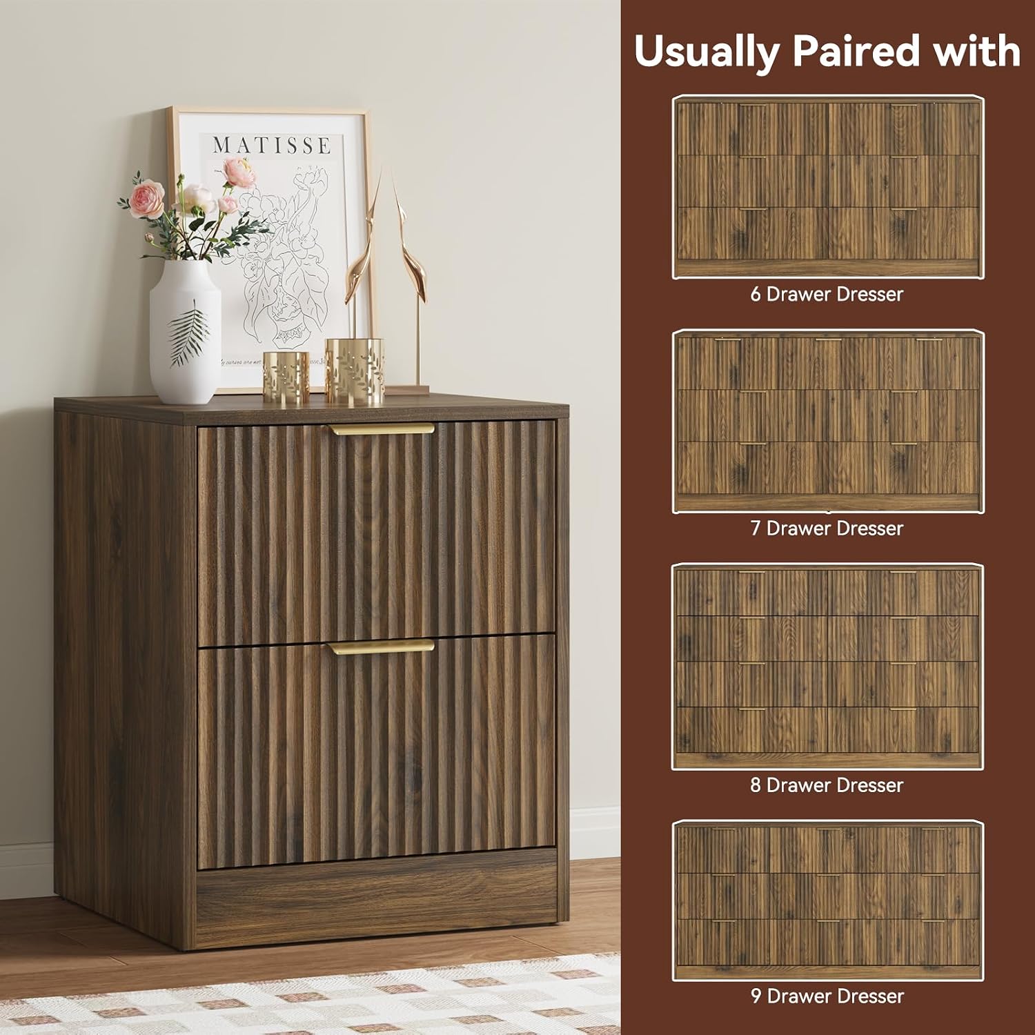 6 Drawer Dresser & Nightstand Set 3-Piece, 55' Wide Fluted Dresser and Night Stand Set of 2 with Metal Handle, Modern Wood Chest of Drawers Storage Dressers Set for Bedroom, Walnut