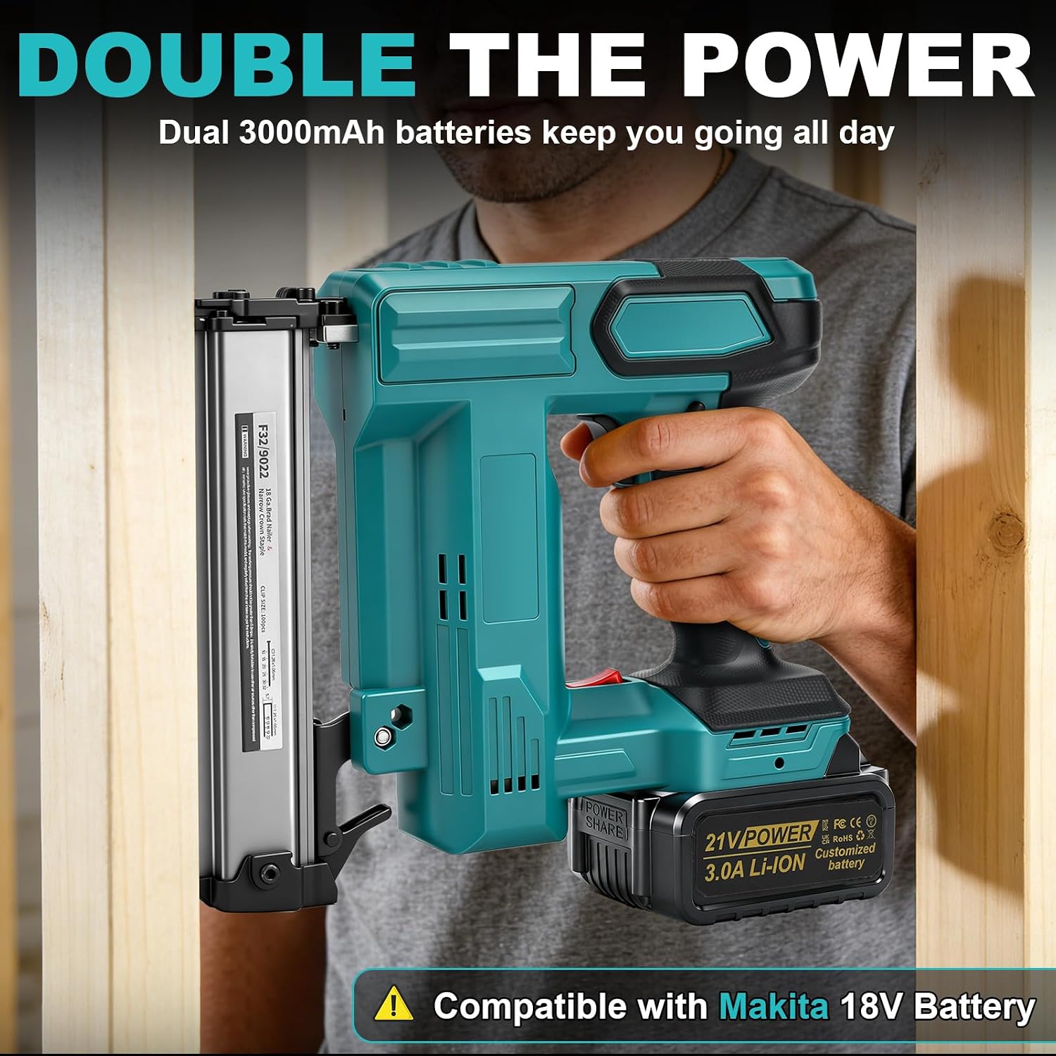 18GA Cordless Brad Nailer with 2 x 3.0Ah Battery for Makita 18V, 2 in 1 Electric Nail Gun/Staple Gun, 500 Nails & 500 Staples, Single & Contact Firing Modes for Home Improvement, DIY Woodworking