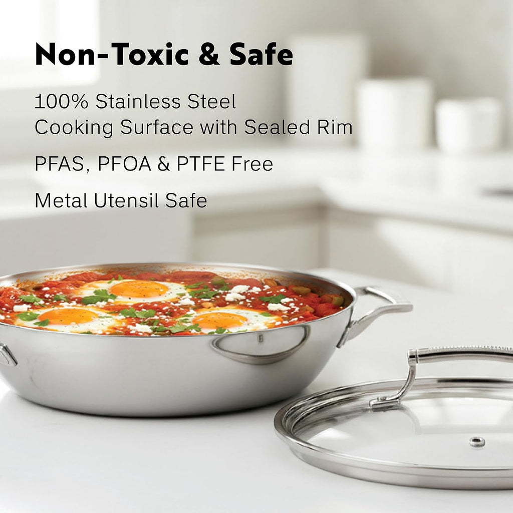 4 Quart Stainless Steel Pan with Lid - Tri Ply Braiser Pan/Frying Pan/Dutch Oven with Heat Resistant Handles - Coating-Free, Non Toxic Cookware - Induction Compatible, Oven & Dishwasher Safe
