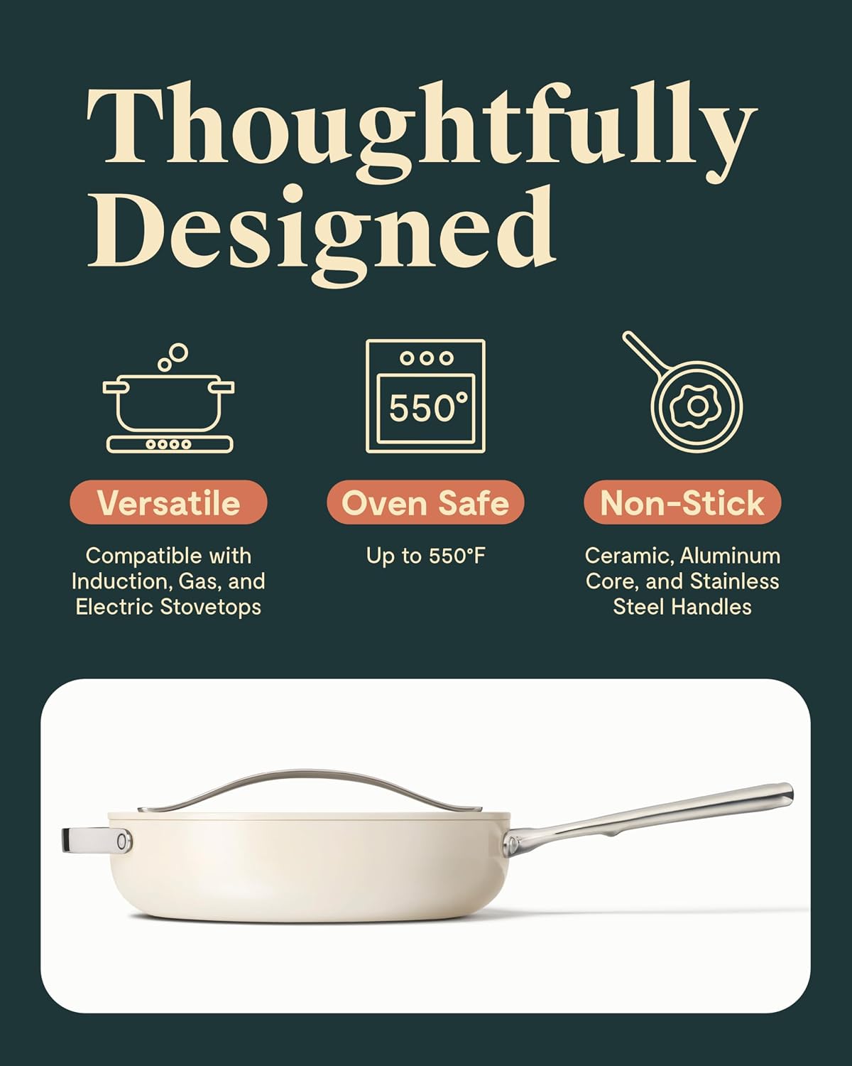 Caraway Nonstick Ceramic Sauté Pan with Lid (4.5 qt, 12') - Non Toxic, PTFE & PFOA Free - Oven Safe & Compatible with All Stovetops (Gas, Electric & Induction) - Cream