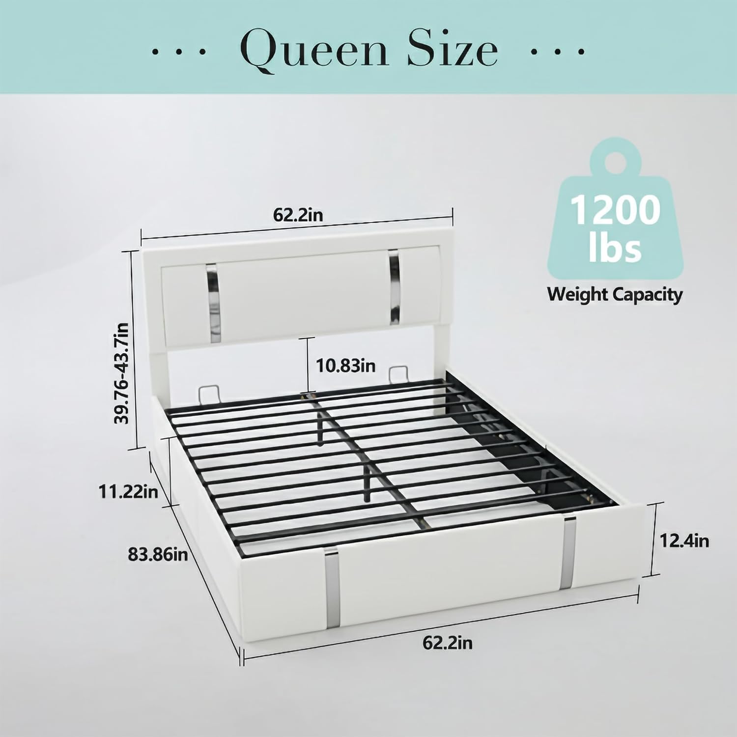 JIJIWANG Queen Size Lift Up Storage Platform Bed with USB Charging Ports and Adjustable LED Lights Headboard, Faux Leather Upholstered Platform Bed, Metal Slats Support, White