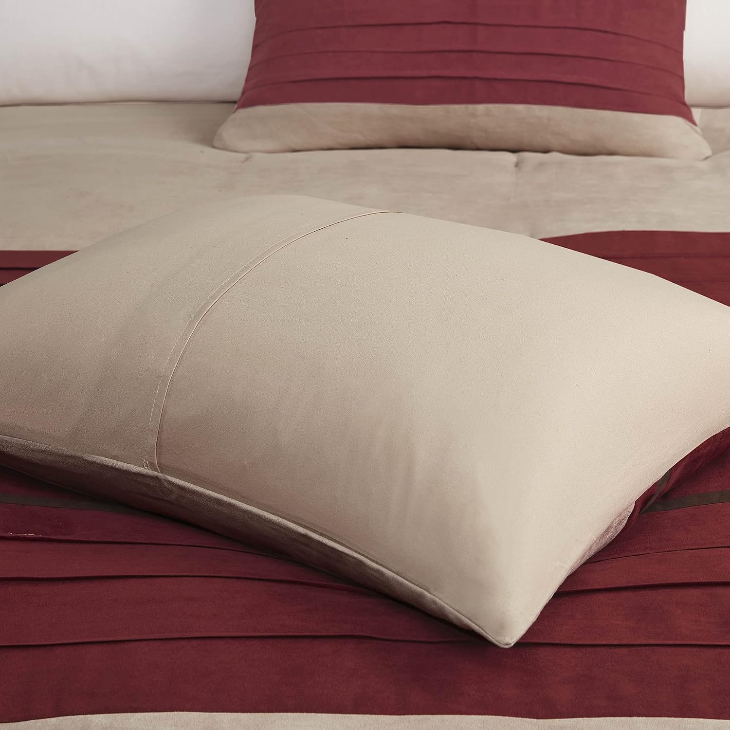Madison Park Cozy Comforter Set-Luxury Faux Suede Design, Striped Accent, All Season Down Alternative Bedding, Matching Shams, Decorative Pillow, Red, California King (104 in x 92 in)