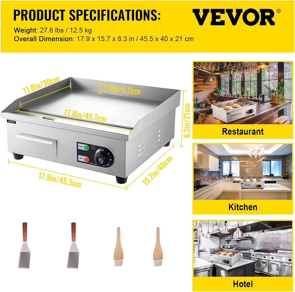 VEVOR Commercial Electric Griddle, 18' Teppanyaki Grill, 1600W Electric Flat Top Grill, Stainless Steel Electric Countertop Griddle w/Drip Hole, 50-300℃ Countertop Griddle for Pancake (No Plug)