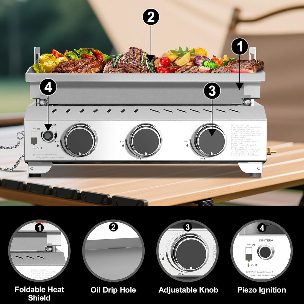 R.W.FLAME 3 Burner Tabletop Propane Griddle, 25' Stainless Steel, 24,000 BTU, Flat Top Grill for Outdoor BBQ, Camping & Patio