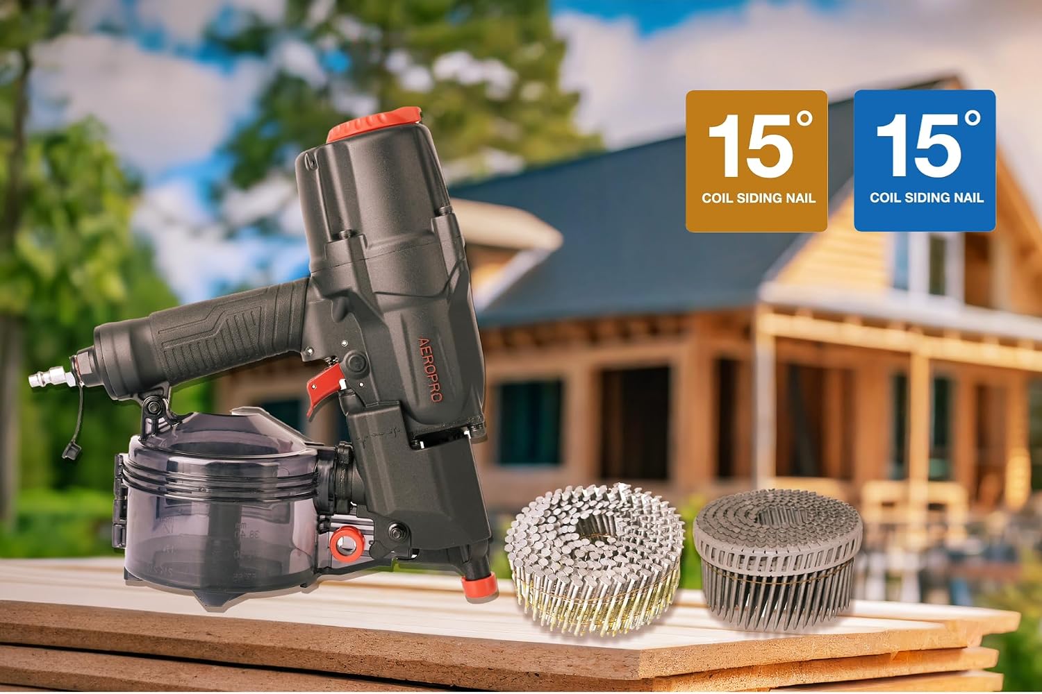 AeroPro CN65R 15 Degree 1-1/2″ to 2-1/2″ Pneumatic Coil Siding Nailer with Tool-less Depth Adjustment and Side Load, Tilt Bottom Magazine