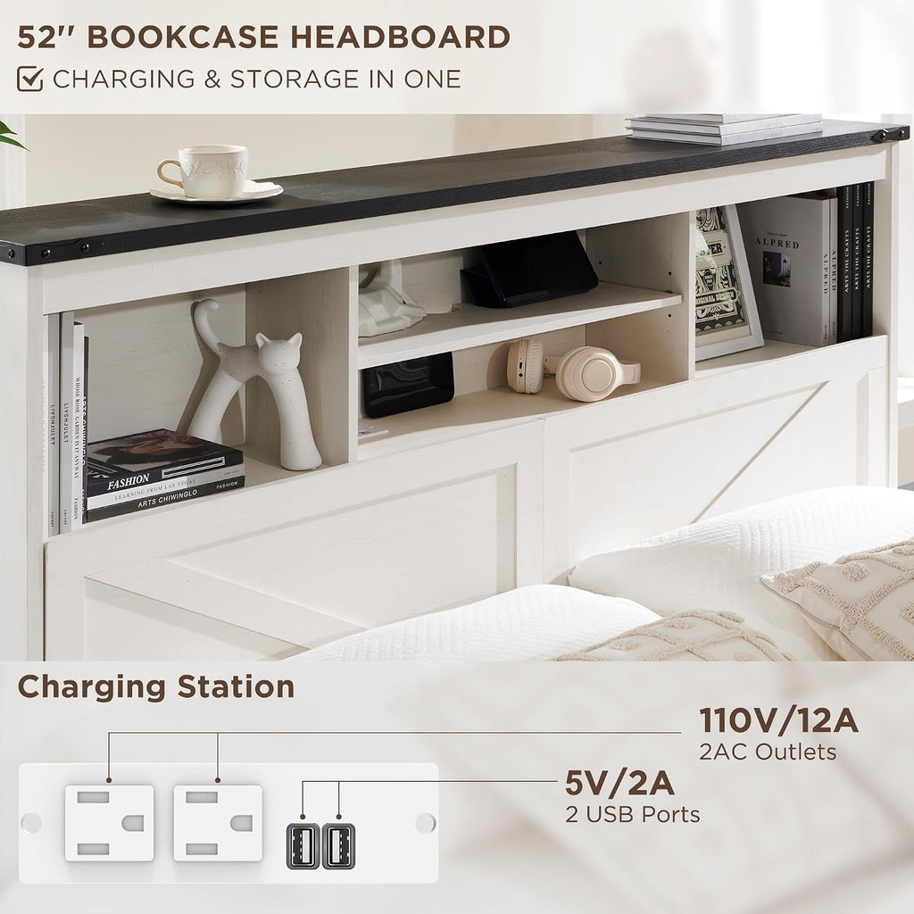 ACCOHOHO Full Bed Frame with 52' Tall Headboard and 4 Drawers,LED Light,Charging Station,Solid Wood Slats Support,No Box Spring Needed,White