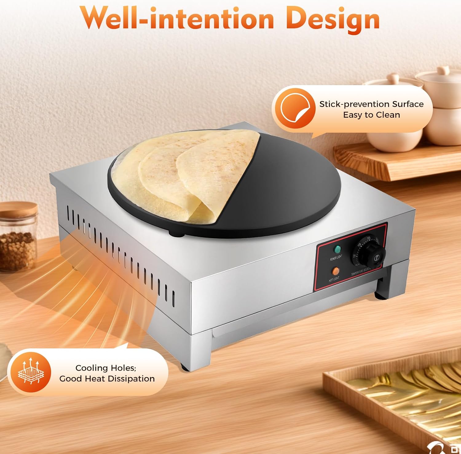 1700W 16' Electric Crepe Maker Commercial Crepe Machine with Spatula and Non-Stick Cooking Surface Pancake Griddle Pan for Kitchen Snack Stand Dessert Shop, 122-572℉ Adjustable