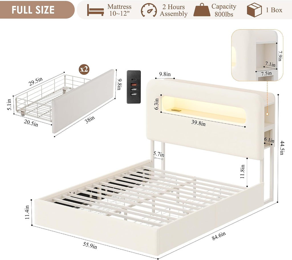 HOSTACK Full LED Bed Frame with Storage Headboard and Charging Station, Kids Bed Frame with 2 Drawers and USB Ports, Velvet Upholstered Platform Bed Frame with Bookcase, No Box Spring Needed, Cream