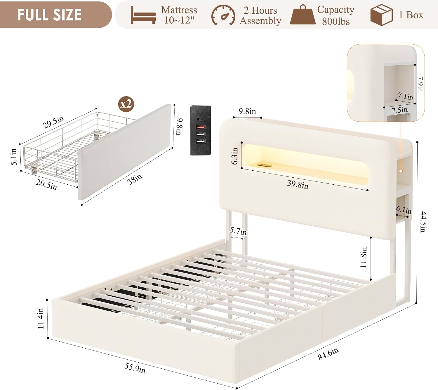 HOSTACK Full LED Bed Frame with Storage Headboard and Charging Station, Kids Bed Frame with 2 Drawers and USB Ports, Velvet Upholstered Platform Bed Frame with Bookcase, No Box Spring Needed, Cream