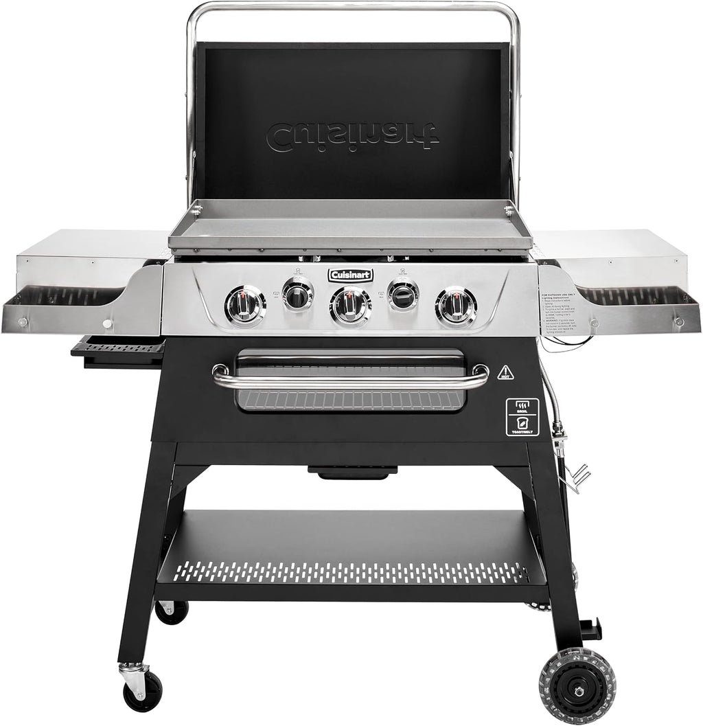 Cuisinart 28' Outdoor Griddler and Broiler Combo, 2-in-1 Carbon Steel Flat-Top Grill and Broiler with Hood, Adjustable Rack, Wheels, Side Tables, Large Cooking Area for BBQs, Outdoor Griddle Station