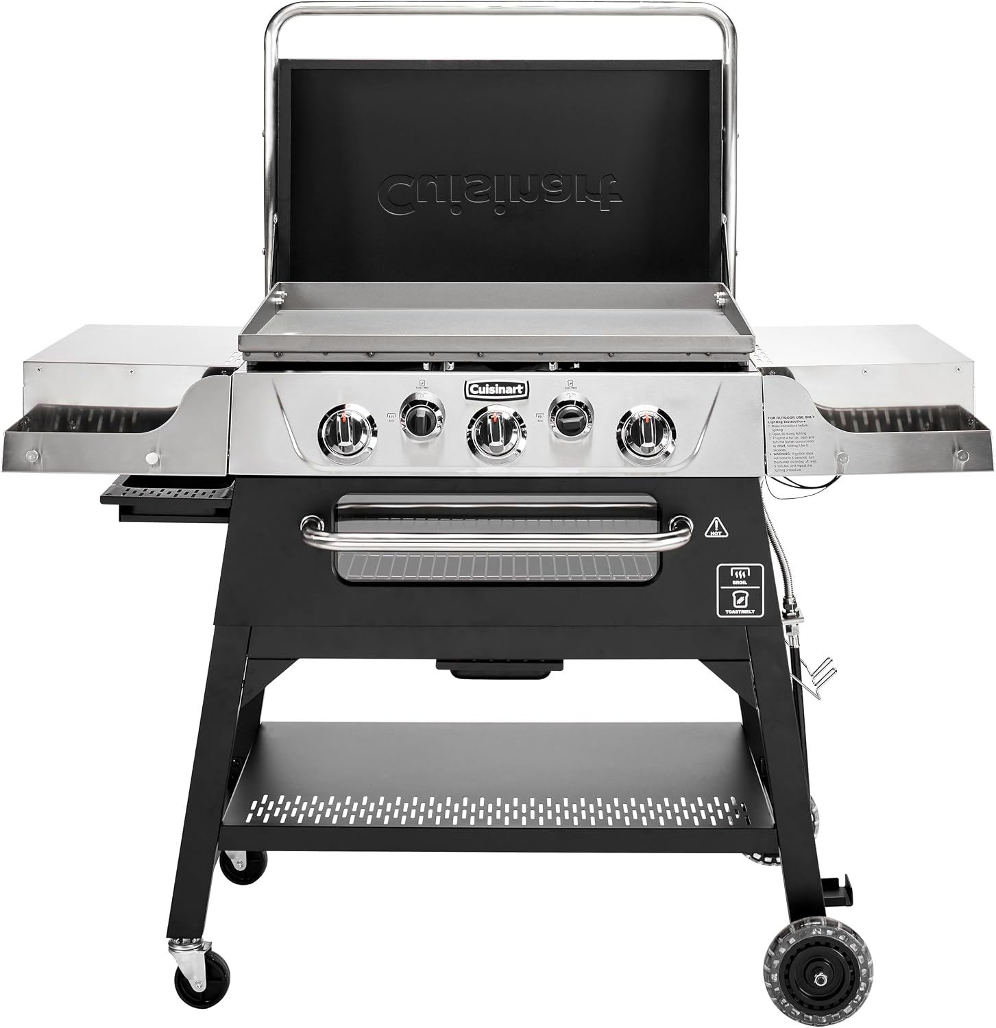 Cuisinart 28' Outdoor Griddler and Broiler Combo, 2-in-1 Carbon Steel Flat-Top Grill and Broiler with Hood, Adjustable Rack, Wheels, Side Tables, Large Cooking Area for BBQs, Outdoor Griddle Station