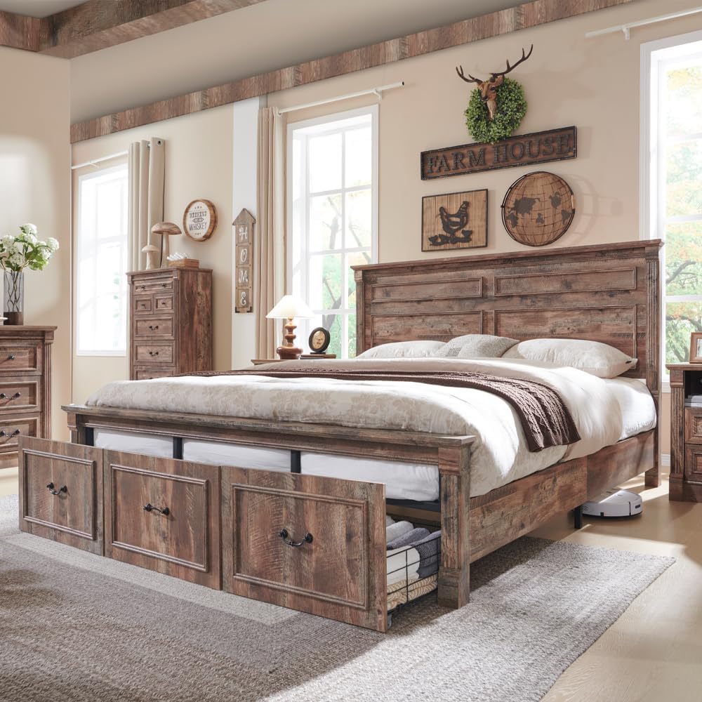 Aitjunz Farmhouse King Size Bed Frame with 51' Tall Headboard, Wood Platform Bed Frame with 20' Tall Roman Column Decoration Footboard & 3 Large Storage Drawers, No Box Spring Needed (Light Brown)