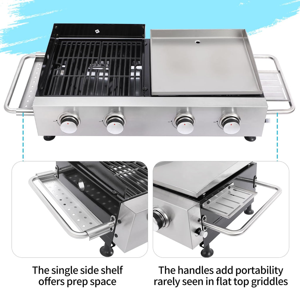 4 Burner Portable Gas Grill Griddle Combo, Flat Top Propane Grill with Leg, Tabletop BBQ Grill 40,000 BTUs Output for Backyard Camping Tailgating or Outdoor Cooking