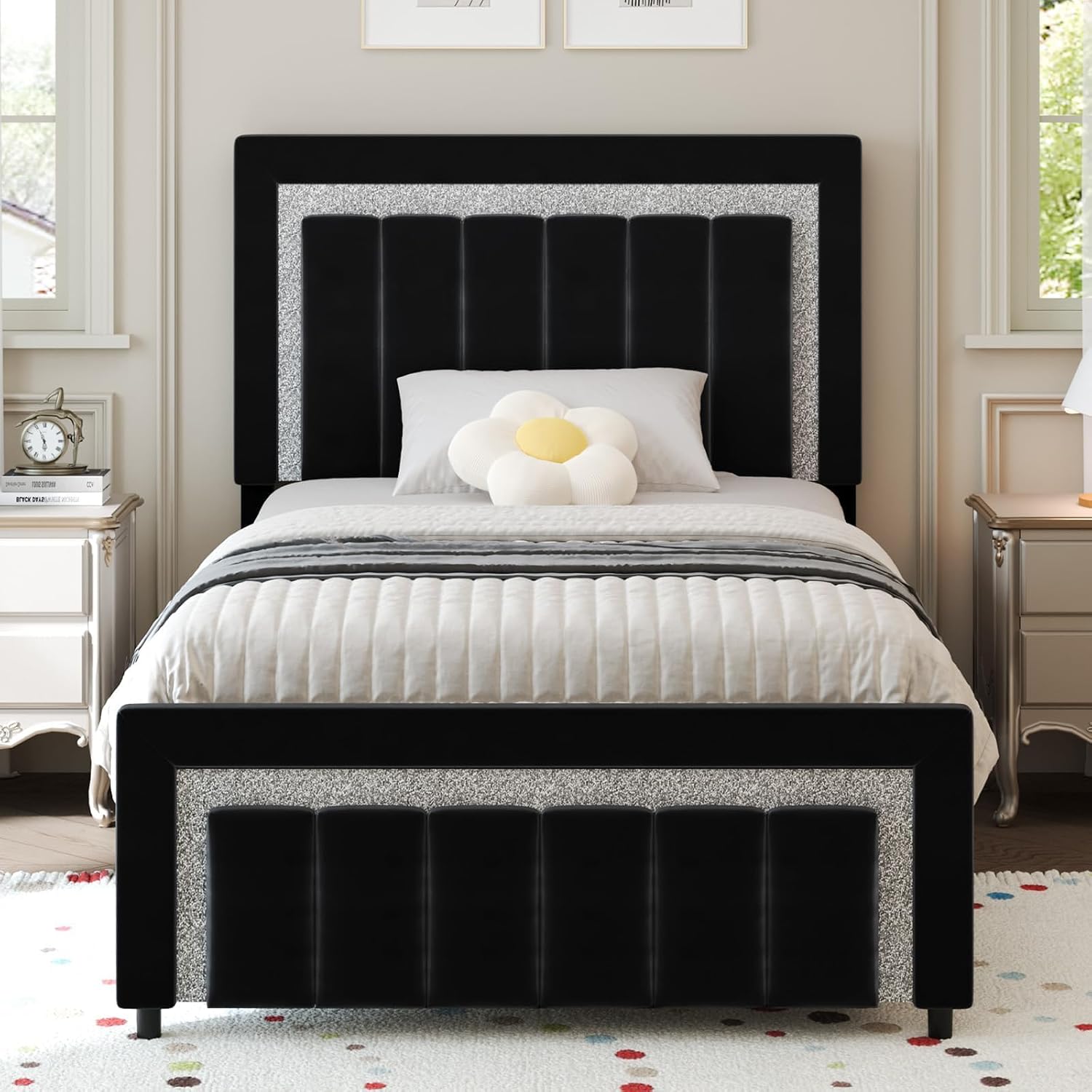 HOMBCK Twin Bed Frames, Twin Size Bed Frame with Diamond Velvet Design Headboard and Footboard, Upholstered Bed Frame with Wooden Slats Support, No Box Spring Needed, Easy Assembly, Black