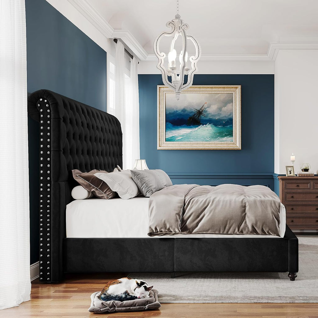 PaPaJet King Bed Frame Upholstered Platform Bed Frame with 53'' Tall Sleigh Headboard, Button Tufted, No Box Spring Needed, Easy Assembly, Black