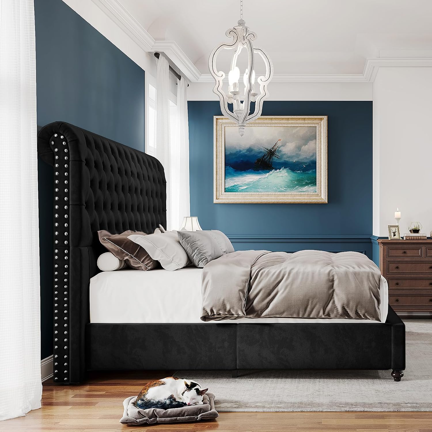 PaPaJet King Bed Frame Upholstered Platform Bed Frame with 53'' Tall Sleigh Headboard, Button Tufted, No Box Spring Needed, Easy Assembly, Black